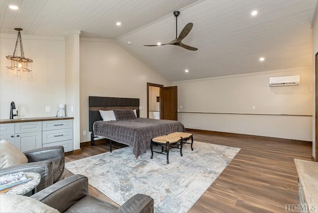 bedroom with vaulted ceiling, dark hardwood / wood-style floors, sink, ceiling fan, and a wall unit AC