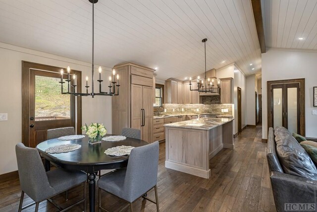 dining room with sink, wood ceiling, lofted ceiling with beams, dark hardwood / wood-style flooring, and a chandelier