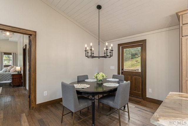 dining space with dark wood-type flooring, vaulted ceiling, and wooden ceiling