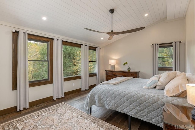 bedroom with vaulted ceiling, ceiling fan, and wood ceiling