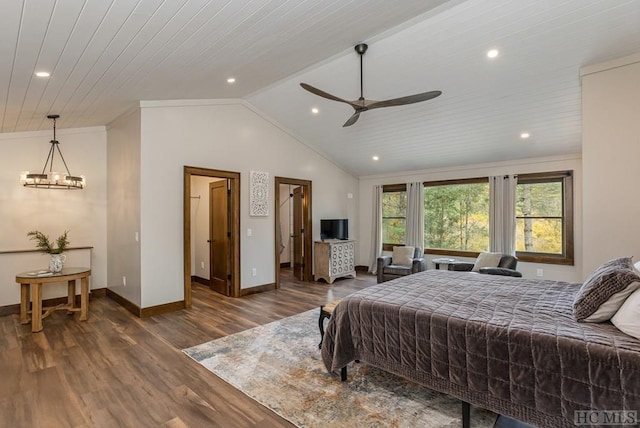 bedroom featuring lofted ceiling, ceiling fan with notable chandelier, wooden ceiling, and dark hardwood / wood-style flooring