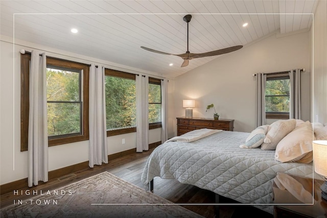 bedroom with dark hardwood / wood-style flooring, lofted ceiling, wood ceiling, and ceiling fan