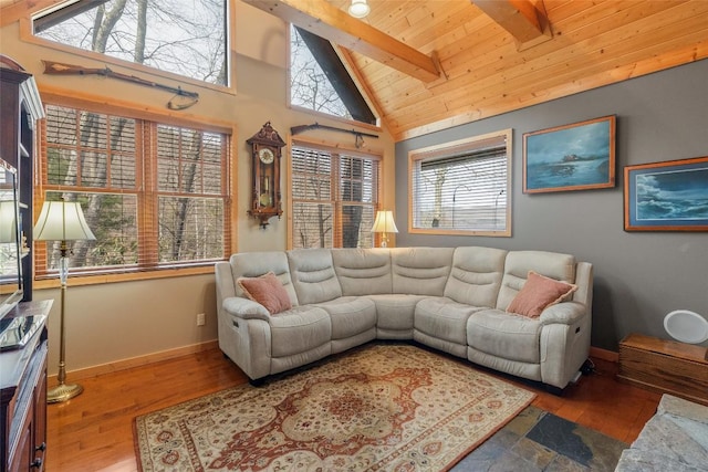 living room featuring beam ceiling, high vaulted ceiling, wood ceiling, and hardwood / wood-style floors