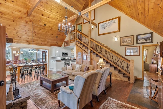 living room featuring wooden ceiling, dark hardwood / wood-style floors, a notable chandelier, and beam ceiling