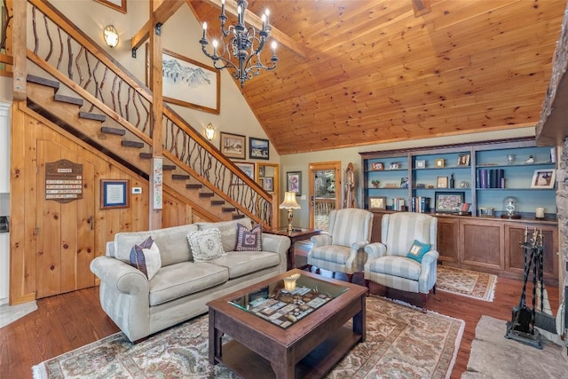 living room with high vaulted ceiling, dark wood-type flooring, a chandelier, and wooden ceiling