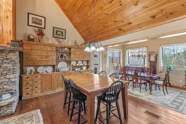 dining room with dark hardwood / wood-style flooring, high vaulted ceiling, wood ceiling, and an inviting chandelier