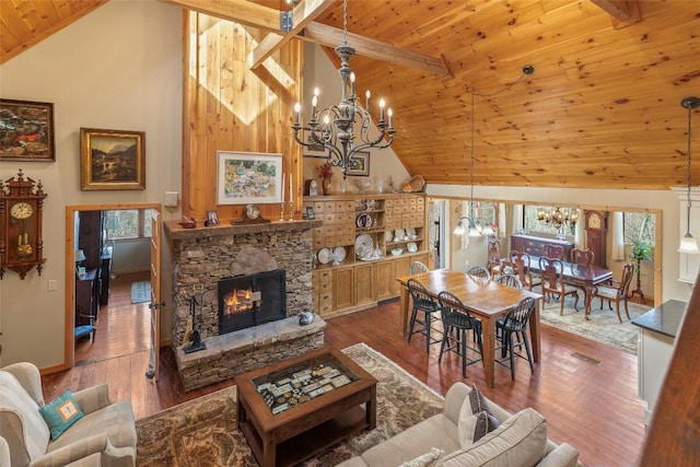 living room with a fireplace, hardwood / wood-style floors, a notable chandelier, and wooden ceiling