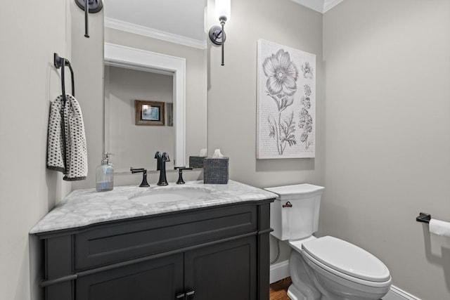 108 W View Way, Highlands, NC 28741 - bathroom with baseboards, vanity, toilet, crown molding, and wood finished floors