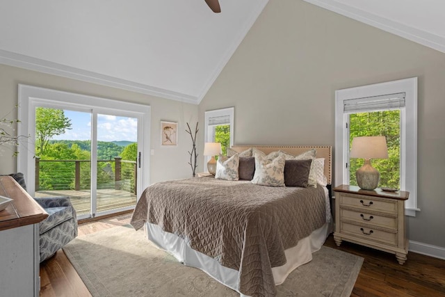 108 W View Way, Highlands, NC 28741 - bedroom featuring access to exterior, wood finished floors, ceiling fan, high vaulted ceiling, and baseboards