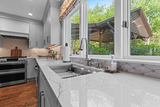 108 W View Way, Highlands, NC 28741 - kitchen featuring range with two ovens, gray cabinetry, a sink, tasteful backsplash, and recessed lighting