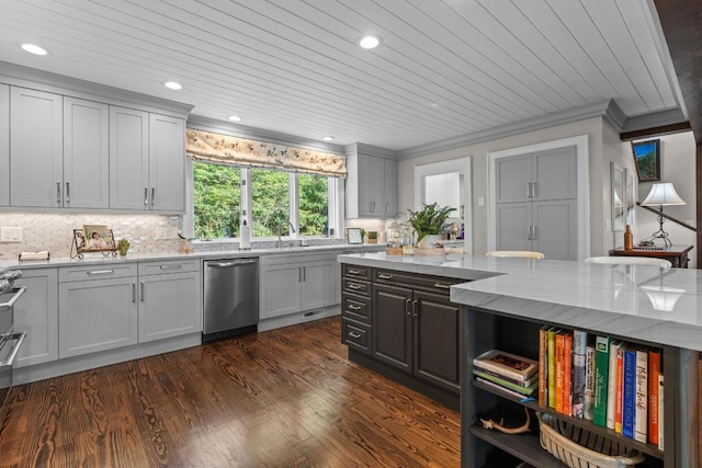 108 W View Way, Highlands, NC 28741 - kitchen with stainless steel dishwasher, recessed lighting, tasteful backsplash, gray cabinetry, and ornamental molding