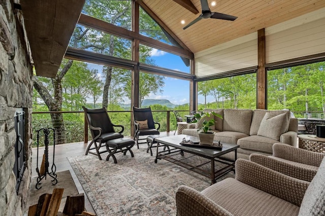 108 W View Way, Highlands, NC 28741 - sunroom featuring an outdoor hangout area, a ceiling fan, a mountain view, and lofted ceiling
