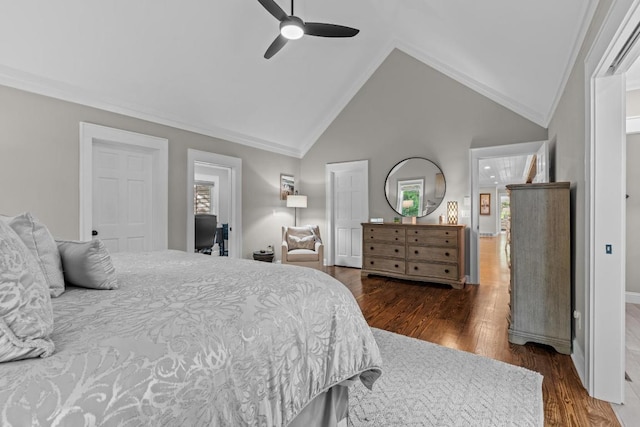 108 W View Way, Highlands, NC 28741 - bedroom featuring crown molding, vaulted ceiling, wood finished floors, multiple windows, and ceiling fan