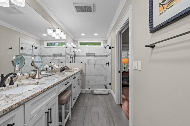 108 W View Way, Highlands, NC 28741 - full bathroom with a stall shower, double vanity, wood tiled floors, recessed lighting, and crown molding