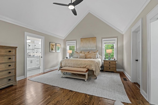 108 W View Way, Highlands, NC 28741 - bedroom featuring multiple windows, baseboards, dark wood-style floors, ornamental molding, and vaulted ceiling