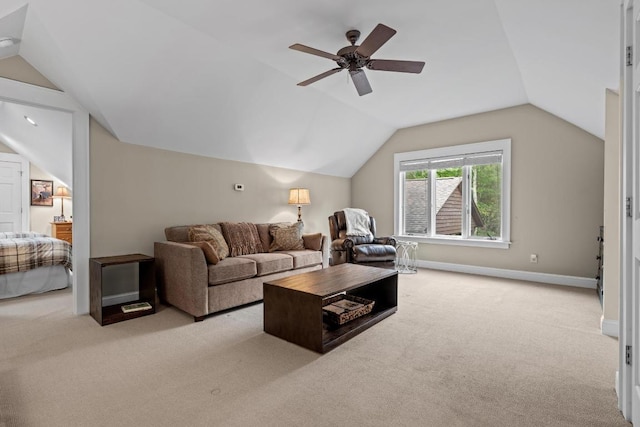 108 W View Way, Highlands, NC 28741 - carpeted living area with vaulted ceiling, ceiling fan, and baseboards