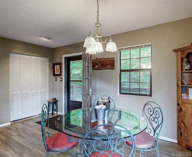 dining room featuring an inviting chandelier, wood-type flooring, and plenty of natural light