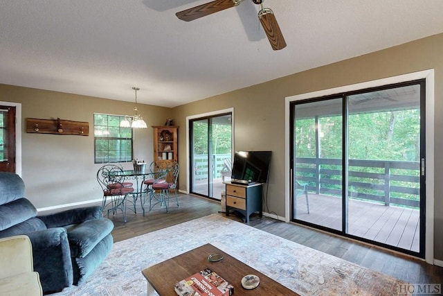 living room with wood-type flooring and ceiling fan