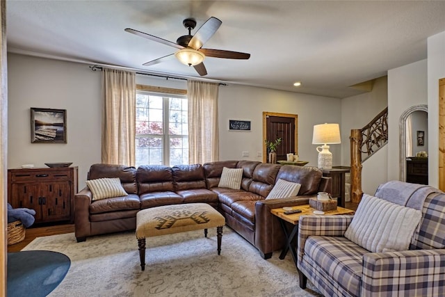 49 Lakeside Fls, Cullowhee, NC 28723 - living room with ceiling fan, stairs, arched walkways, and recessed lighting