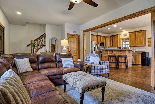 49 Lakeside Fls, Cullowhee, NC 28723 - living room featuring a ceiling fan, dark wood finished floors, and recessed lighting