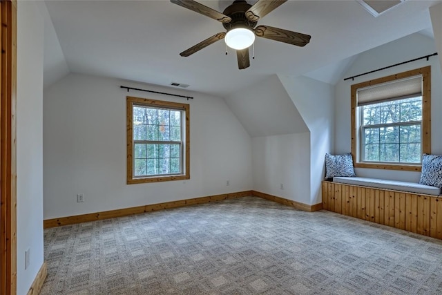 49 Lakeside Fls, Cullowhee, NC 28723 - bonus room with visible vents, vaulted ceiling, carpet floors, a ceiling fan, and baseboards