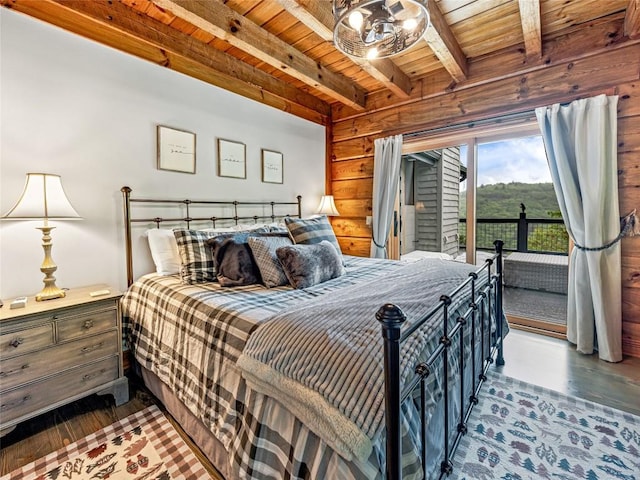 399 Toxaway Ct, Lake Toxaway, NC 28747 - bedroom with access to exterior, wooden walls, wooden ceiling with exposed beams, and dark wood-style flooring