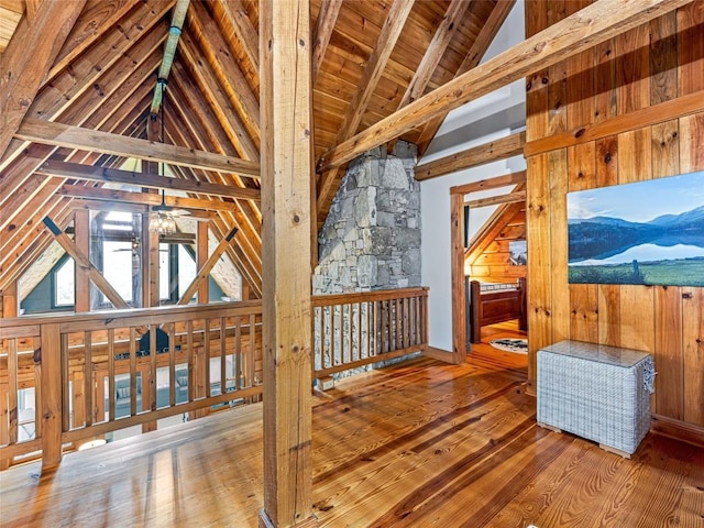 399 Toxaway Ct, Lake Toxaway, NC 28747 - bonus room with wood-type flooring, a ceiling fan, wood ceiling with exposed beams, a mountain view, and high vaulted ceiling