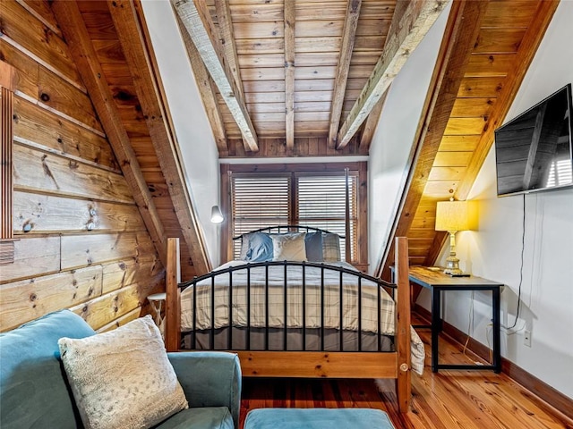 399 Toxaway Ct, Lake Toxaway, NC 28747 - bedroom with wood ceiling with exposed beams, wood finished floors, and wooden walls