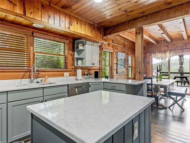 399 Toxaway Ct, Lake Toxaway, NC 28747 - kitchen featuring wooden ceiling with exposed beams, a sink, gray cabinets, plenty of natural light, and wood walls