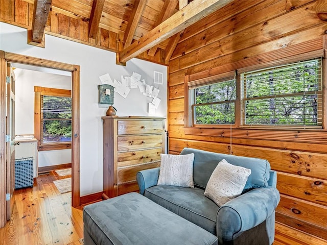 399 Toxaway Ct, Lake Toxaway, NC 28747 - sitting room featuring light wood finished floors, wood ceiling, baseboards, and wooden walls