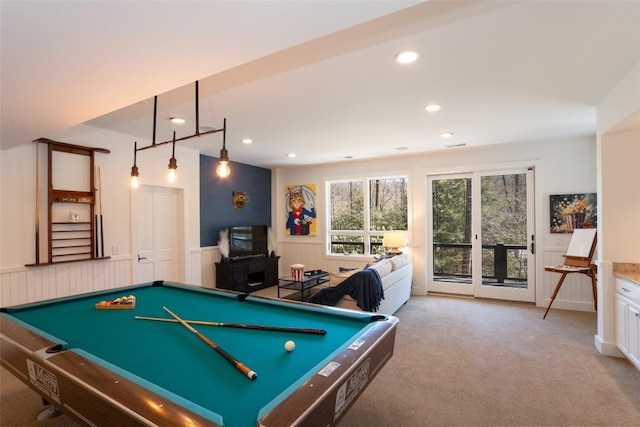 rec room featuring recessed lighting, carpet flooring, and wainscoting