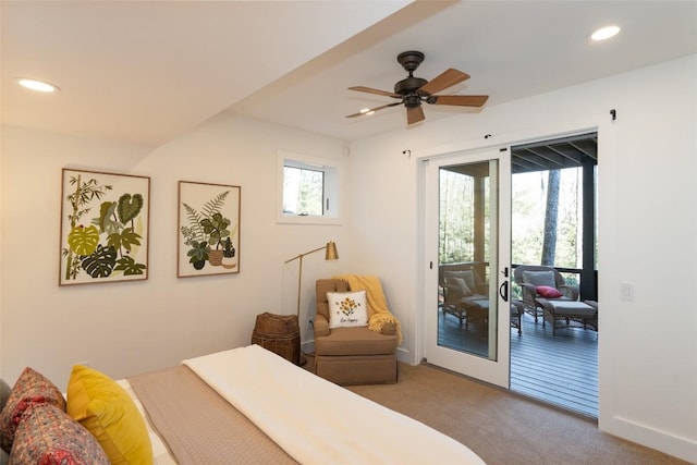 carpeted bedroom featuring access to exterior, recessed lighting, and baseboards