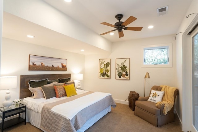 bedroom featuring visible vents, baseboards, carpet floors, recessed lighting, and a ceiling fan