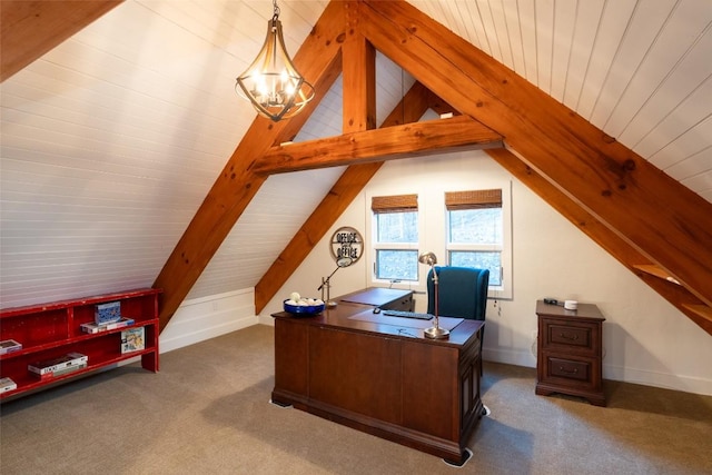 carpeted office featuring lofted ceiling with beams, a notable chandelier, baseboards, and wooden ceiling