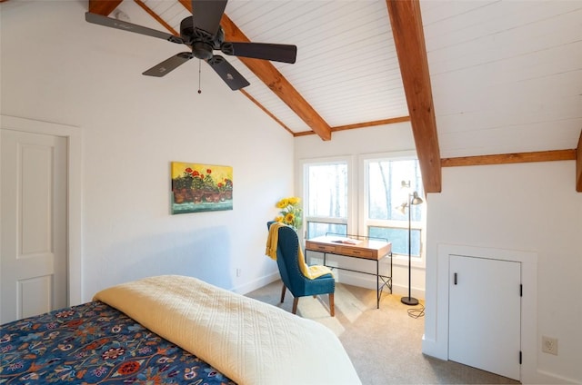 carpeted bedroom with baseboards, beam ceiling, high vaulted ceiling, and ceiling fan