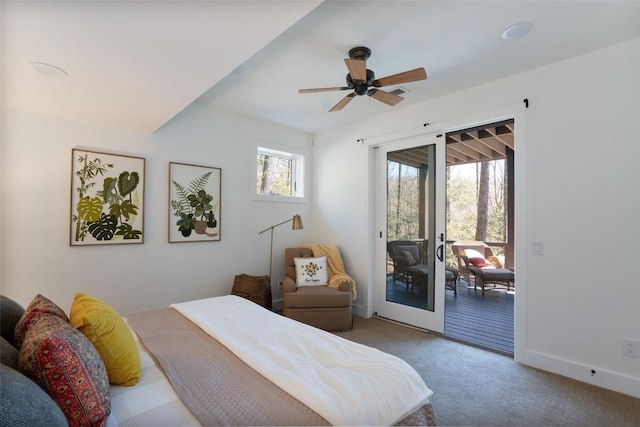 carpeted bedroom featuring a ceiling fan, baseboards, and access to outside