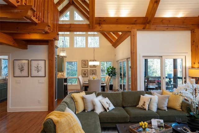 living room featuring beam ceiling, a healthy amount of sunlight, and wood finished floors