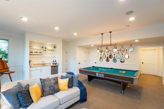 rec room featuring billiards, a wainscoted wall, recessed lighting, indoor wet bar, and carpet flooring