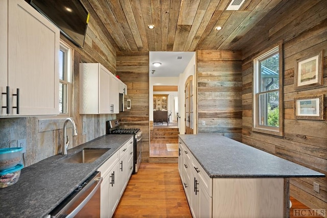 kitchen with sink, wood walls, stainless steel appliances, wooden ceiling, and white cabinets