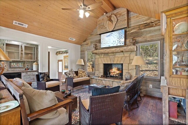 living room featuring a stone fireplace, wood walls, high vaulted ceiling, wooden ceiling, and dark hardwood / wood-style floors