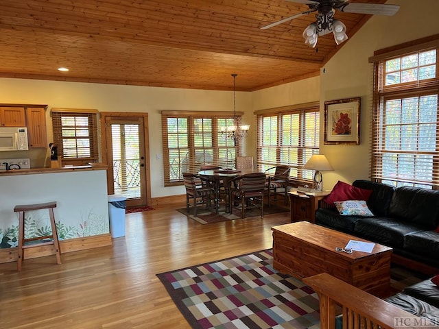 35-B Portland Rdg Unit B, Cashiers, NC 28717 - living room with wooden ceiling, ceiling fan, vaulted ceiling, light wood-style floors, and a chandelier