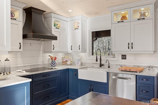 kitchen featuring stainless steel dishwasher, black electric cooktop, white cabinetry, and premium range hood