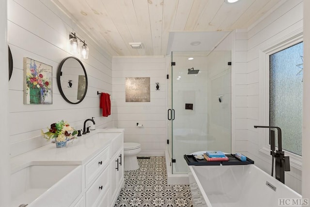 full bathroom featuring wood ceiling, vanity, shower with separate bathtub, toilet, and wood walls