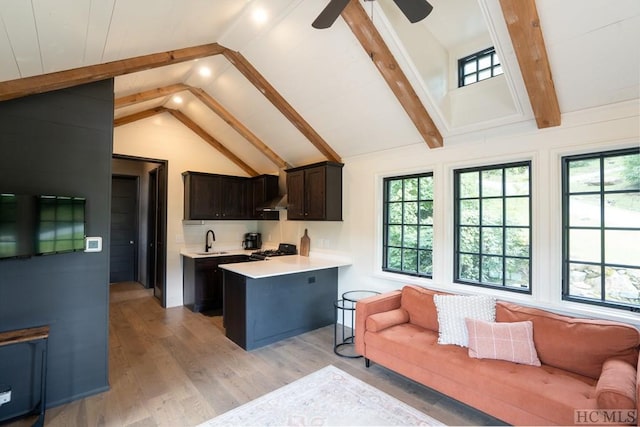 kitchen with sink, light hardwood / wood-style flooring, range, dark brown cabinetry, and lofted ceiling with beams