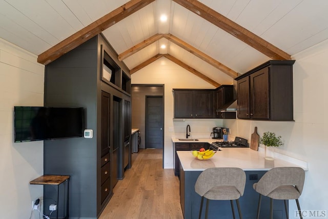 kitchen with sink, lofted ceiling with beams, light wood-type flooring, kitchen peninsula, and gas range oven