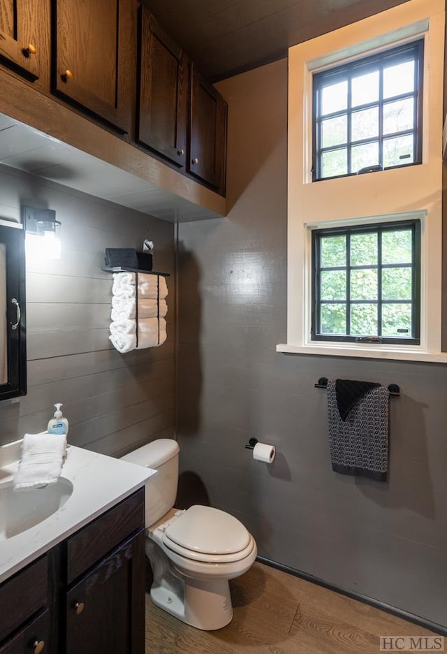 bathroom featuring wood-type flooring, vanity, and toilet