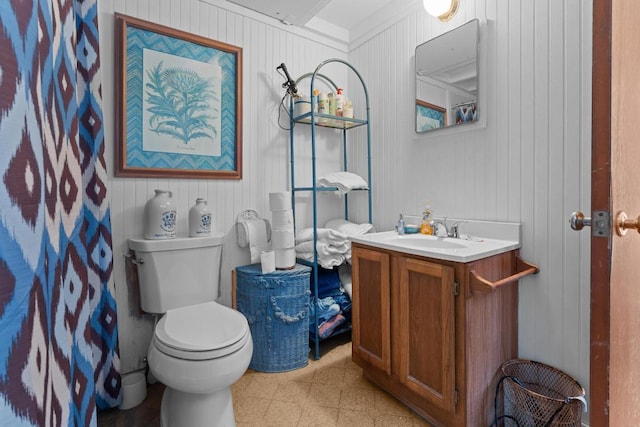 bathroom featuring toilet, vanity, and wooden walls