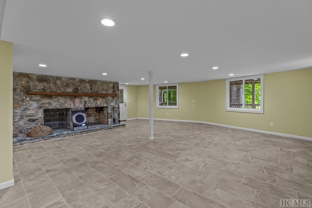 basement featuring a fireplace