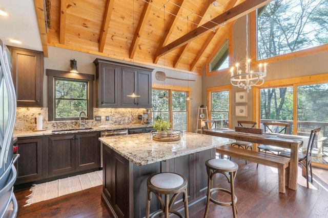 kitchen featuring beam ceiling, dark wood-style floors, a center island, wood ceiling, and a sink