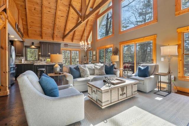 living room with wood ceiling, dark wood finished floors, beam ceiling, high vaulted ceiling, and a chandelier